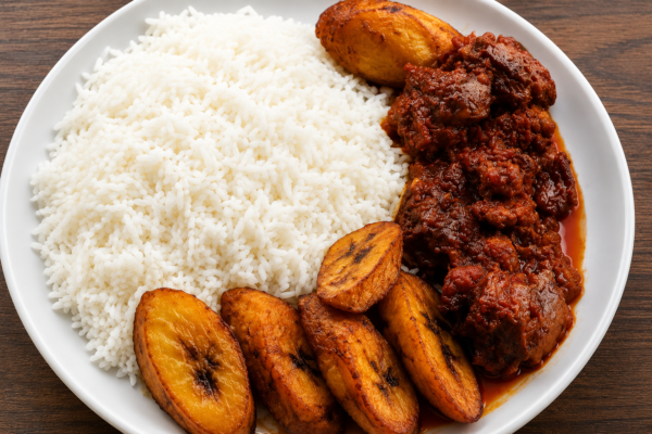 White Rice, Beef Stew & Plantain